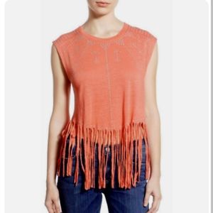 NWT Rebecca Minkoff Gemini Fringe Linen Jersey Tee Coral sz M